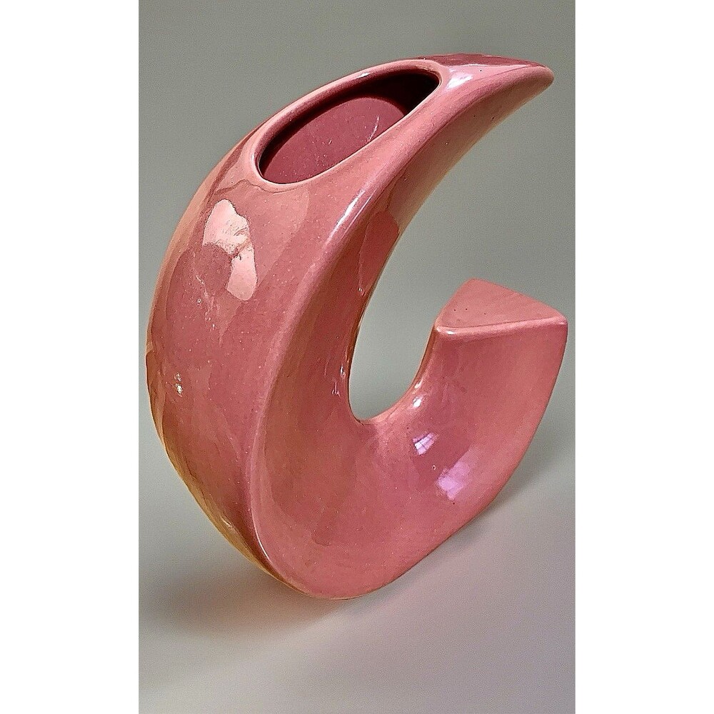 Vintage MCM Crescent Moon Ikebana Vase Pink Ceramic Sculptural Art Pottery 1980s